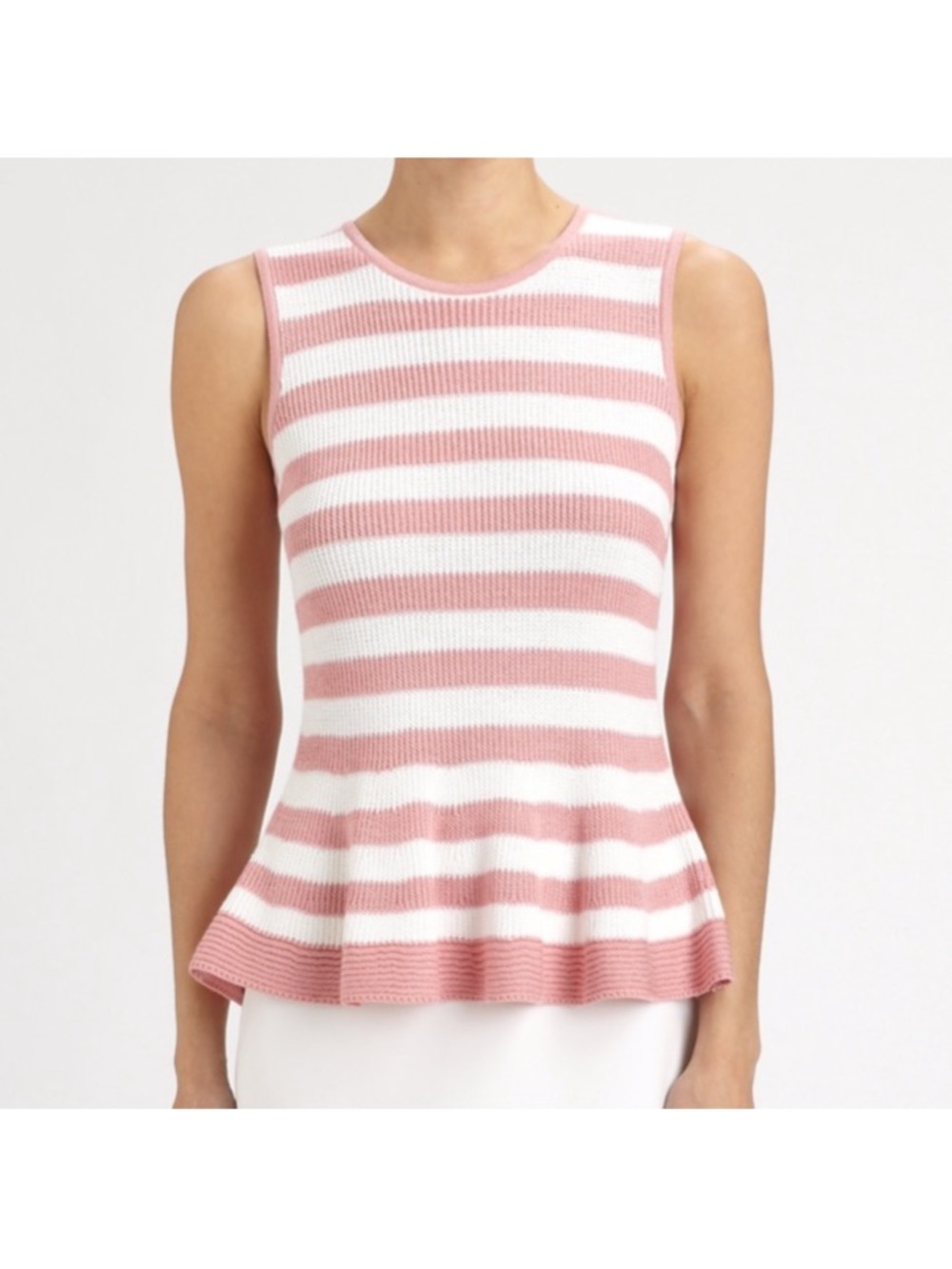 St. John Striped Knit Peplum Top Limestone Grey White Sleeveless Tank Wool M - Picture 7 of 7